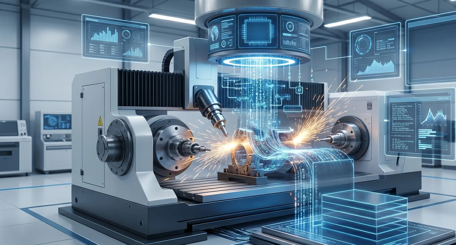 A five-axis CNC machine in a bright workshop cutting a stream of glowing holographic code, sparks flying off the tool, with the chips stacking up as translucent data plates — a metaphor for AI turning a precise specification into working software.